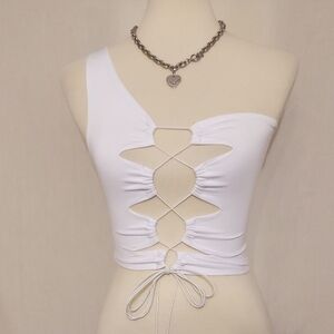 White Asymmetrical Cut Out Tie Front Crop Top